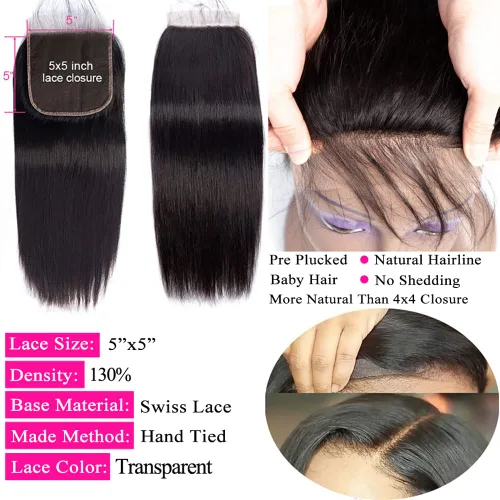 Vista 3 de Cierre de encaje 5 x 5 cabello humano lacio 100 sin procesar cabello humano virgen brasileño con cierre de encaje predepilado con abuelitos