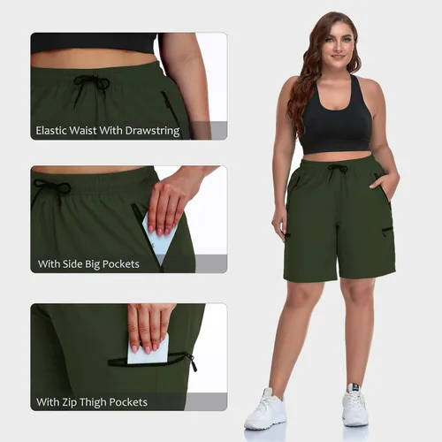 Vista 6 de Pantalones cortos de senderismo para mujer, talla grande, ligeros, de secado rápido, pantalones cortos deportivos para exteriores, bolsillos