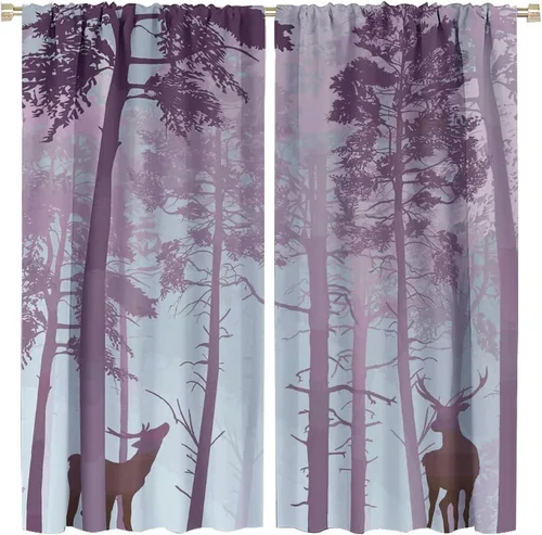 Vista 9 de Cortinas opacas con diseño de ciervos, bosque brumoso, rústico, vida silvestre, alce, montaña, pájaros, pino, bosque, cortinas de ventana