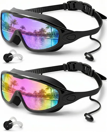 Vista 23 de Swim Goggles 2 Pack, Wide View Anti Fog&UV Swimming Goggles for Audlt, No Leak Pool Beach Essentials for Men Women Azul claro y rosa espejado