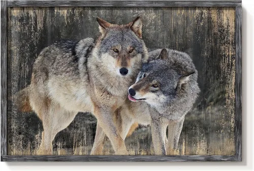 Vista 16 de Arte de Pared Enmarcado de Lobo: Pintura Moderna de Animales Salvajes de Madera Rústica Natural Imagen de Vida Silvestre Obra de Arte de Lobo Gris