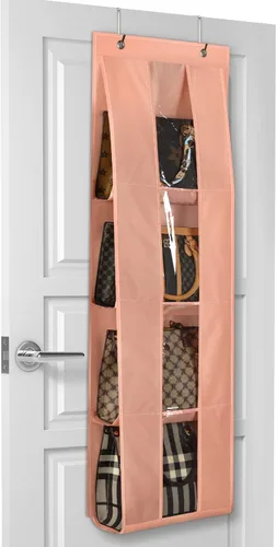 Vista 8 de Lirex Organizador de bolso para colgar sobre la puerta, con 4 bolsillos transparentes plegables, para bolsos, bufandas, ropa y leggings, organizador