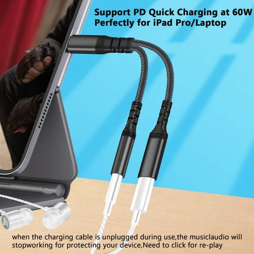 Vista 3 de [Usado] Adaptador de auriculares USB C 2 en 1 con adaptador de carga PD de 60 W, compatible con Galaxy S23 Ultra/S23/S22/S22+/S21/S20FE/A53/Note