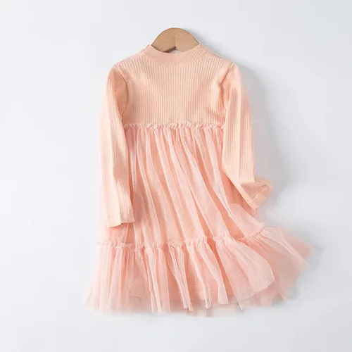 Vista 4 de Ropa de vestir de princesa de punto para otoño e invierno de manga larga de tul sólido para niñas de 1 a 5 años rosa 2 a 3 años