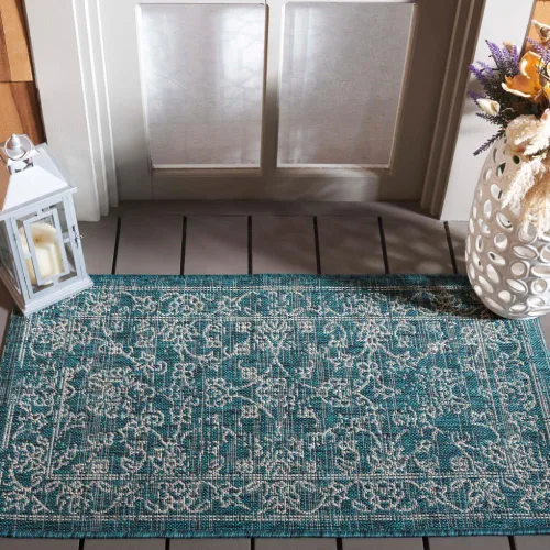 Vista 26 de SAFAVIEH Alfombra lavable al aire libre, colección Courtyard - 2'3" x 5', azul aguamarina y gris, no desprende pelusa y fácil limpieza, ideal