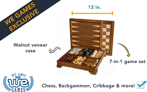 Vista 8 de WE Games Walnut 7-Games-in-1 Combination Game Set - Includes Chess, Checkers, Backgammon, Dominoes, Cribbage, Poker, Dice and Cards