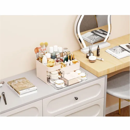 Vista 6 de Organizadores de maquillaje rosa para tocador con 3 cajones, organizadores grandes para el cuidado de la piel para encimera, escritorio, aparador