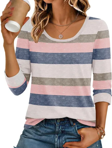 Vista 19 de Ekouaer Camisetas básicas casuales de manga 3/4 para mujer, cuello redondo Rayado Caqui