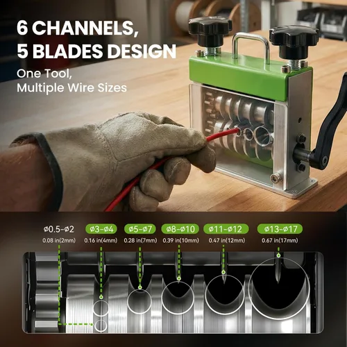 Vista 6 de Electric & Manual Wire Stripping Machine, 0.06"-0.67" Cable Stripper with 6 Channels 5 Blades, 35W All-Copper Motor Drill Powered Hand Crank Tool
