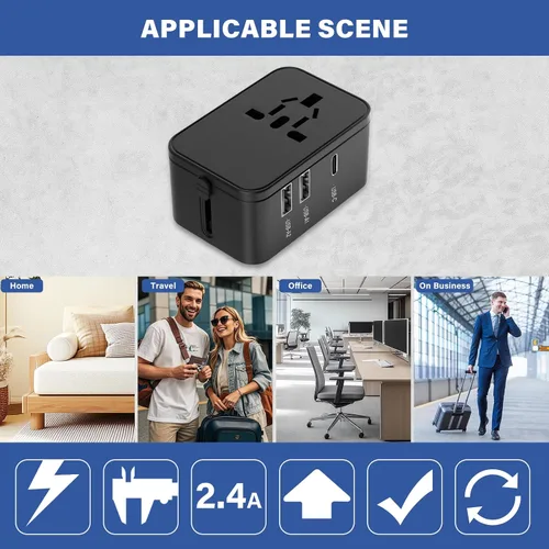 Vista 7 de Adaptador de enchufe de viaje con 2 USB A+1 USB C, adaptador de viaje universal todo en uno, convertidores de corriente, cargador de pared