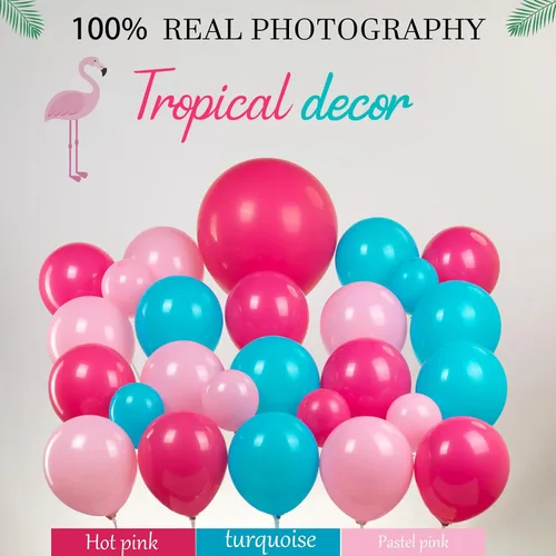 Vista 3 de Kit de arco de guirnalda de globos tropicales de 122 piezas con hojas de Monstera – Globos de color rosa intenso verde azulado azul para verano