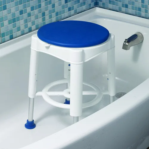 Vista 4 de Drive Medical Taburete de baño con asiento giratorio acolchado, blanco con asiento azul