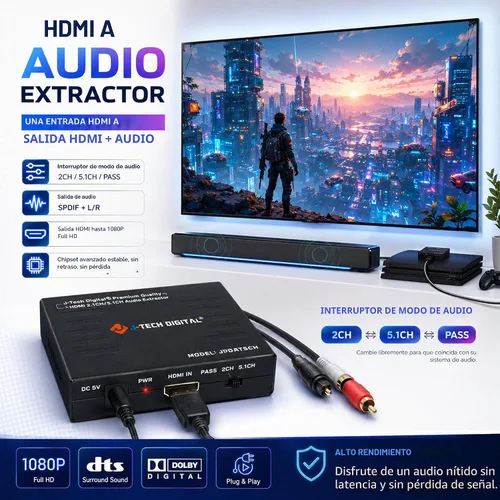 Vista 6 de J-Tech Digital Premium Quality 1080P HDMI a HDMI + Audio (SPDIF + RCA estéreo) Convertidor y extractor de audio (JTDAT5CH)