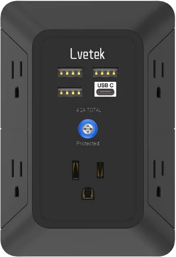 Vista 15 de Extensor de tomacorriente, protector de sobretensiones con 5 enchufes múltiples y 4 puertos USB (2 USB C), cargador de pared de regleta