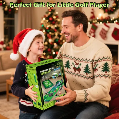Vista 8 de TERRAMUS Juego de golf 3 en 1 para niños con devuelvedor automático de dinosaurio, tablero de Cornhole de golf, bolas con luz LED, alfombra de putt