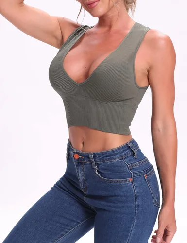 Vista 5 de Venbond - Ombliguera sexy sin mangas y costuras para mujeres, camiseta estriada sin mangas, escote profundo y cuello en V, con almohadillas