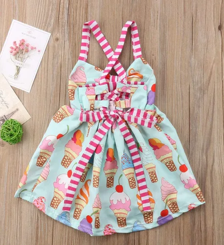 Vista 6 de Falda de verano para niñas pequeñas, vestido sin espalda con tirantes y estampado de helado