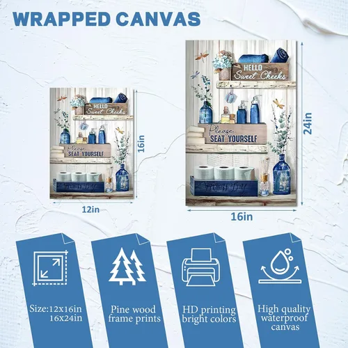Vista 2 de BFKDKG Arte Decorativo de Pared para Baño Azul Marino Lienzo de Pared Decorativo para Baño Azul Rústico Por Favor Siéntate en Tu Propio Logo Pintura