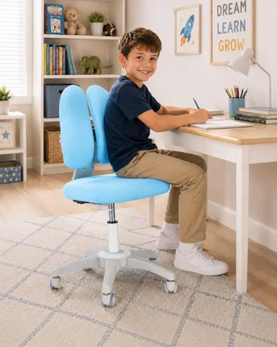 Vista 2 de Silla de escritorio para niños, altura y profundidad del asiento, silla de estudio ajustable con giro de 360°, ruedas de freno para sentarse