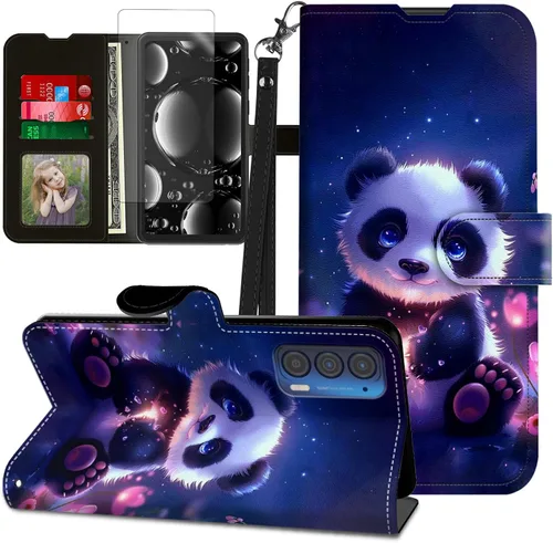 Vista 218 de Funda para Motorola Edge 2022 con protector de pantalla, soporte y tarjetero y correa para la muñeca, funda magnética para Moto Edge 2022 5G UW Lobo