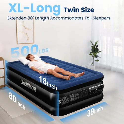Vista 2 de CHERIMOR Colchón de aire individual XL con bomba integrada, longitud mejorada de 80 pulgadas, colchón inflable doble elevado de 18 pulgadas