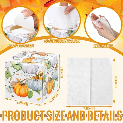 Vista 3 de Yeaqee Paquete de 6 cajas de pañuelos faciales de calabaza de Acción de Gracias de 2 capas, 480 hojas de papel de otoño facial grandes cuadrados