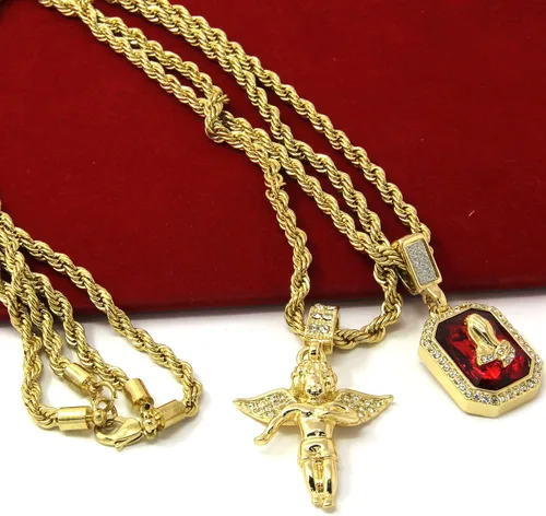 Vista 5 de Conjunto cadena estilo cordón D463 de 24" y 30" y colgante estilo Hip-Hop de CZ, conjunto de rubí colgante y ángel dorados para hombre