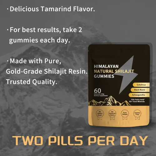 Vista 8 de Shilajit - Gomitas de oro para hombres y mujeres con Ashwagandha y Gokshura, más de 85 minerales y ácido fúlvico, energía natural y apoyo