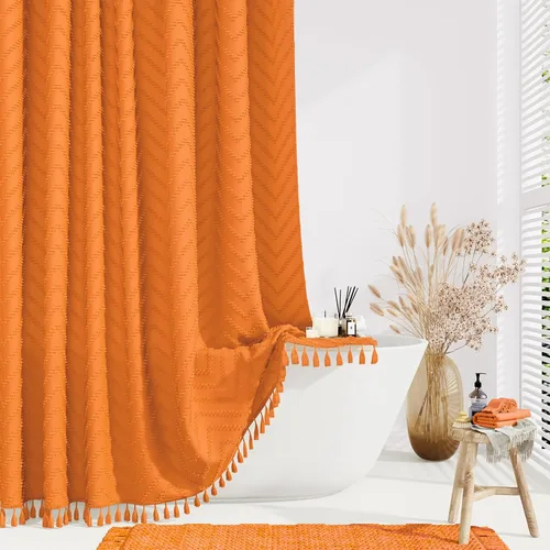 Vista 16 de Dynamene - Cortina de ducha de tela bohemia con rayas con chebrón en relieve, juego de cortina angosta para baño, media cortina impermeable de A.