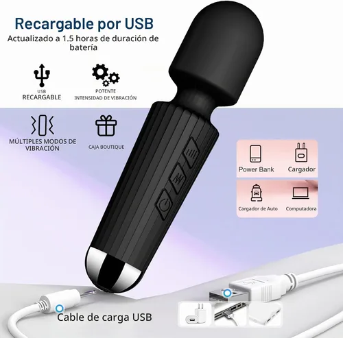 Vista 4 de Mini masajeador personal inalámbrico de mano con vibración, 20 patrones y 8 velocidades, silicona suave, impermeable, recargable por USB y Negro