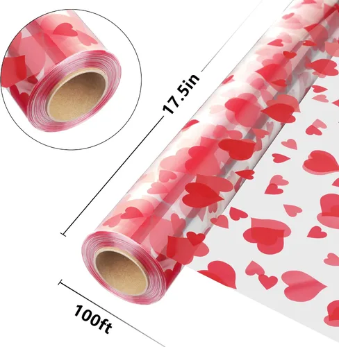 Vista 3 de JOYIT Rollo de celofán transparente de 100 pies con corazón (35 pulgadas x 100 pies), rollo de celofán de corazón rojo de 3 mil de grosor, bolsas