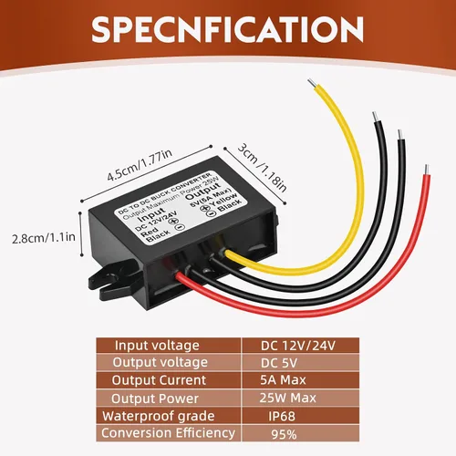 Vista 2 de Convertidor reductor de voltaje CC de 12 V/24 V a 5 V 5 A 25 W, módulo de potencia regulado para cámara de vigilancia de vehículos automáticos