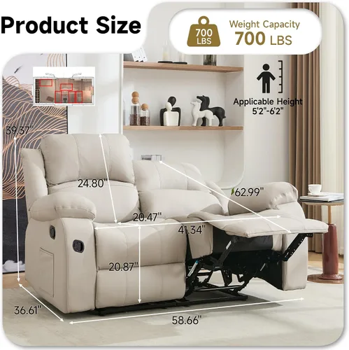 Vista 2 de Sofá reclinable de dos plazas de cuero, sofá reclinable de 2 plazas para sala de estar, sofá para cine en casa (Sofá de dos plazas, Beige)