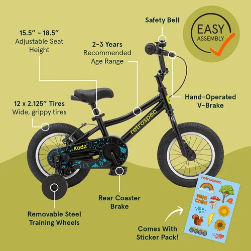 Vista 2 de Retrospec Koda Plus Kids Bike for Boys & Girls Ages 2-3 Years - Children's Bicycle, Adjustable Seat & Handlebars, Removable Training Wheels, Front