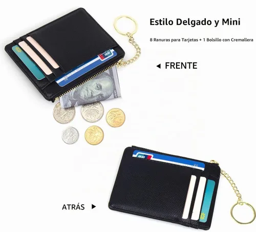 Vista 3 de Valentoria Cartera delgada con bloqueo RFID, titular de tarjetas, monedero de bolsillo pequeño, llavero, cremallera, monedero mini para efectivo