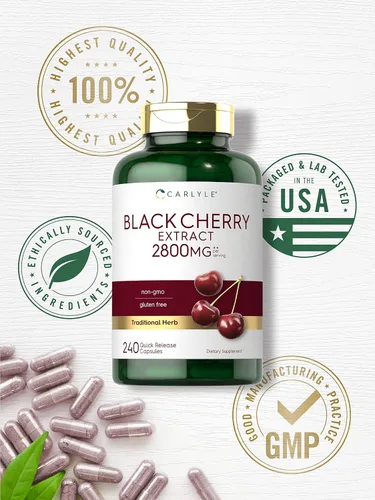 Vista 5 de Carlyle Concentrado de extracto de cereza negra 240 cápsulas Fórmula sin OMG y sin gluten Suplemento de serotina Prunus