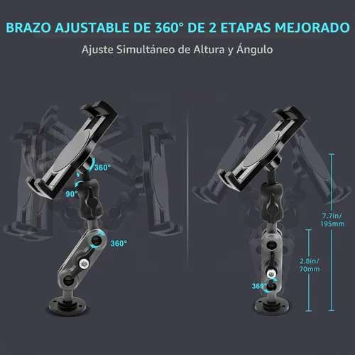 Vista 4 de Porfortop Soporte de aluminio resistente para tableta, soporte para tableta, soporte de montaje en automóvil, soporte ajustable de 2 etapas de 360°