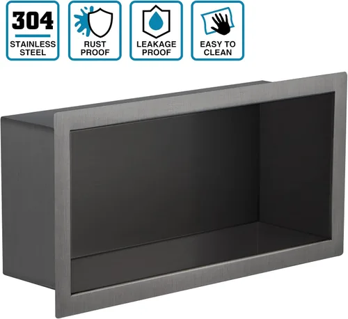Vista 3 de Nicho de ducha de acero inoxidable cepillado de 12 x 6 pulgadas, organizador de ducha empotrado, inserto de estante de baño para instalación