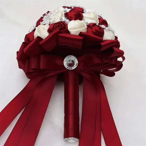 Vista 3 de Ramo de broche de 7 pulgadas, ramo de boda para dama de honor, rosa satinada, perlas artificiales, cintas de satén hechas a medida, ramo floral