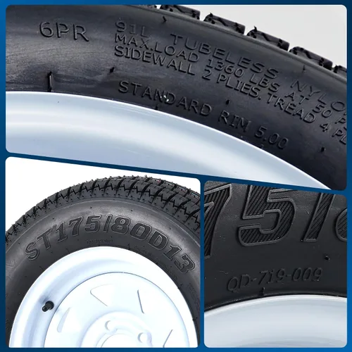 Vista 9 de Neumáticos y Llantas de Remolque ST175/80D13 175 80 13, 5 Pernos en 4.5", Rueda de Radios Blancos Rango de Carga C, 6 Capas, Juego de 2