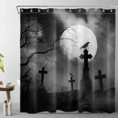 Vista 24 de LB Cortina de ducha de feliz Halloween para baño, flamenco rosa y calabaza naranja con sombrero mágico, cortina de ducha de tela con ganchos, juego