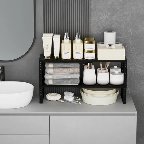 Vista 4 de Estante Expandible para Especias de Cocina, Organizador de Estantes de Almacenamiento Apilables, Estantería Ajustable para Gabinetes, Encimera, Negro