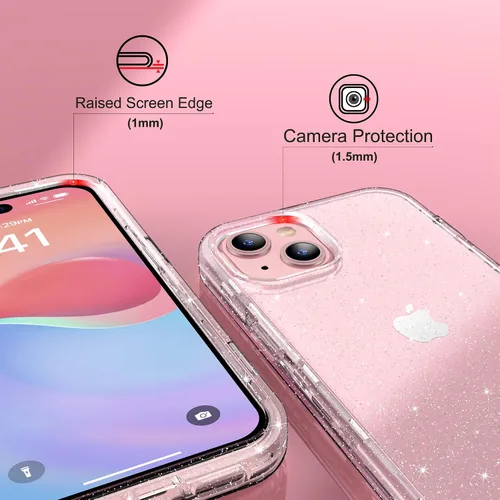 Vista 5 de ULAK Funda compatible con iPhone 15 Plus con purpurina, resistente de doble capa de protección a prueba de golpes, funda protectora transparente
