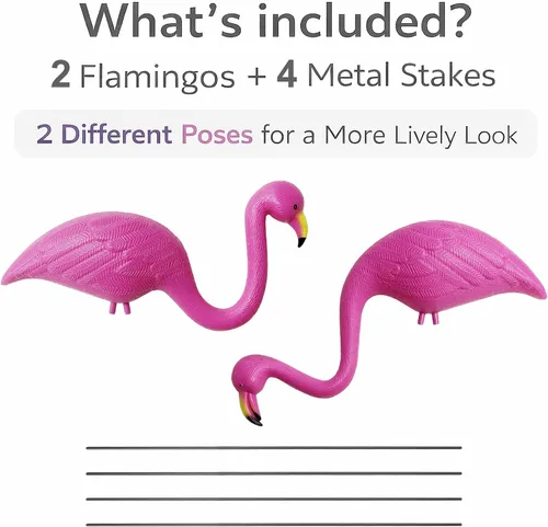 Vista 7 de GiftExpress Decoraciones de patio de flamencos rosados, paquete de 2 estatuas pequeñas de plástico de 14 pulgadas de alto con estacas de metal