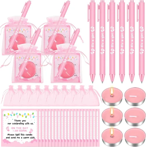 Vista 8 de Ctosree 50 Sets Baby Shower Favors for Guests Include 50 Pcs Tea Light Candle Bulk Thank Tag and Chiffon Bag with Drawstring Retractable Ballpoint
