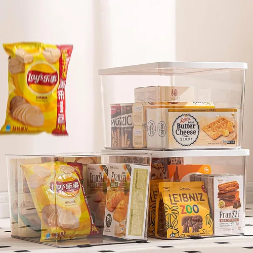 Vista 4 de Contenedores de almacenamiento de plástico transparente con tapas, contenedores de almacenamiento para aperitivos, cosméticos, libros, comida