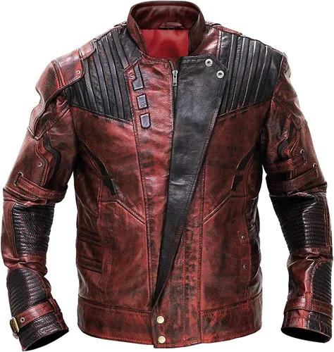 Vista 2 de Chaqueta roja de cuero de motociclista para hombre, abrigopantalones desgastados, chaqueta de cuero granate para motocicleta Cosplay
