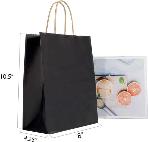 Vista 2 de Nexmint Bolsas de regalo de papel kraft negro con asa: paquete de 24 unidades de 8.0 in x 10.4 in x 4.1 in x 1.7 in. Grandes bolsas para regalos