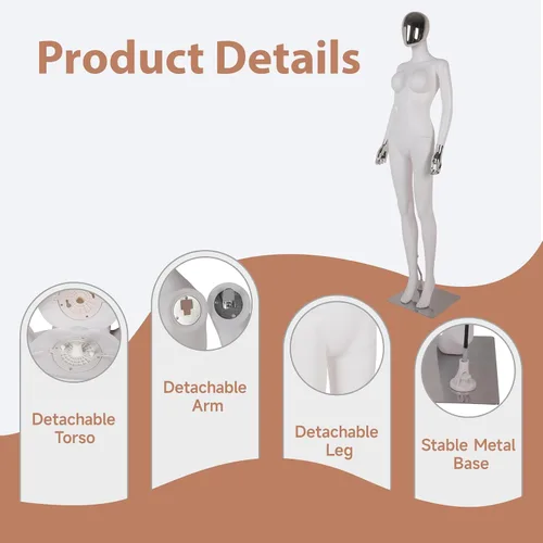 Vista 5 de Kinfant Maniquí femenino de cuerpo completo, blanco y plateado, elegante maniquí femenino alto con base de metal estable, pantalla