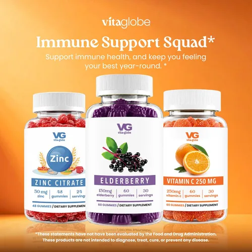 Vista 7 de VITA GLOBE Gomitas de saúco con vitamina C y zinc, suplemento diario para apoyo inmunológico y bienestar, extracto de saúco con antioxidantes en un
